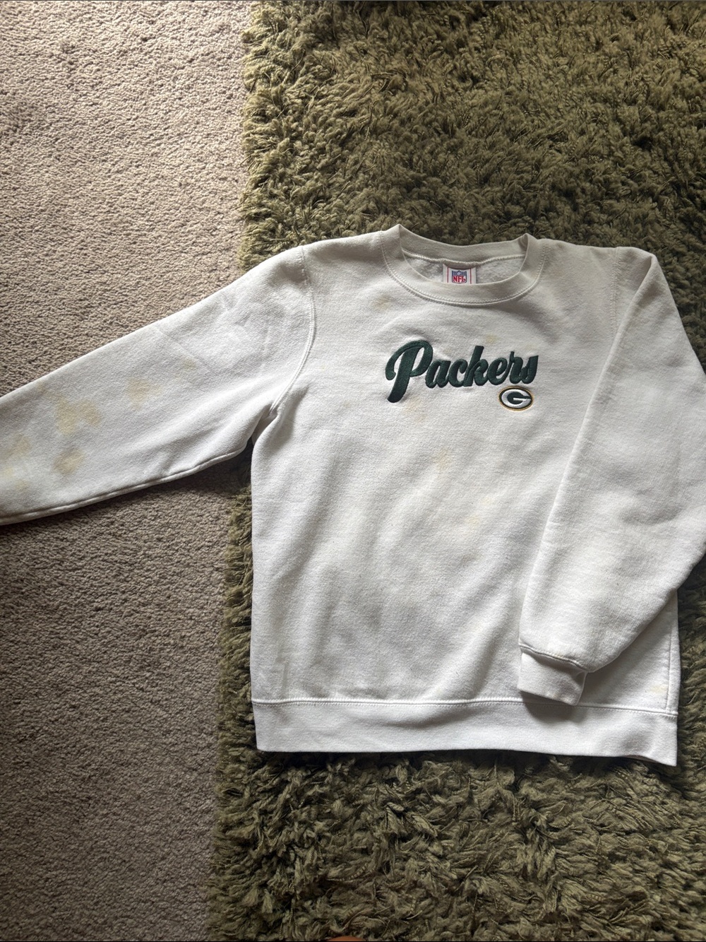 NFL White Crewneck Sweatshirt with Green Packers Script